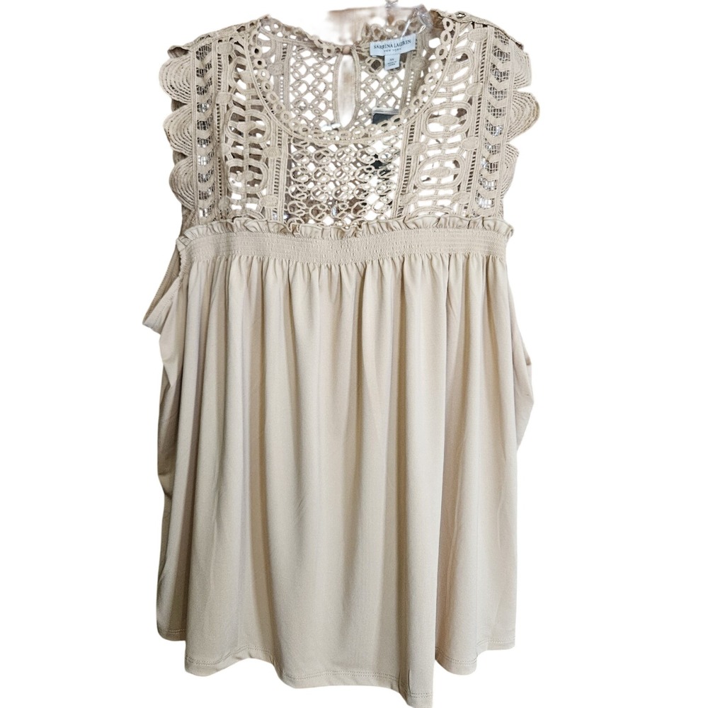 NWT Sabrina Lauren 3X Nude Ruffle Sleeveless Lace Front Detail Pleated Waist Top